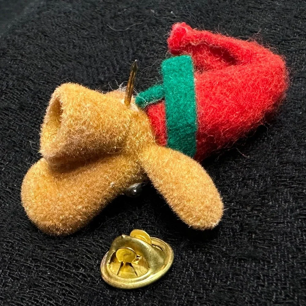 Vintage Flocked Reindeer Elf Hat Lapel‎ Pin Christmas Novelty Brooch